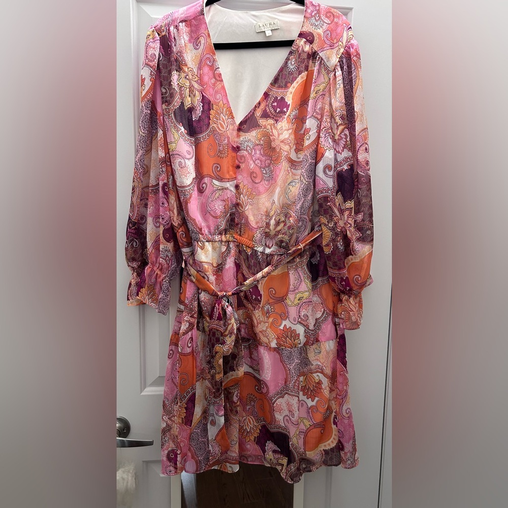 Laura plus Pink and Orange Bishop Sleeve Dress